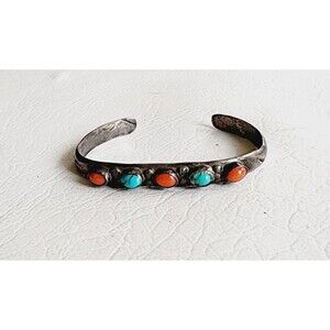 Vintage Navajo Native American Sterling Silver Turquoise & Coral Cuff Bracelet